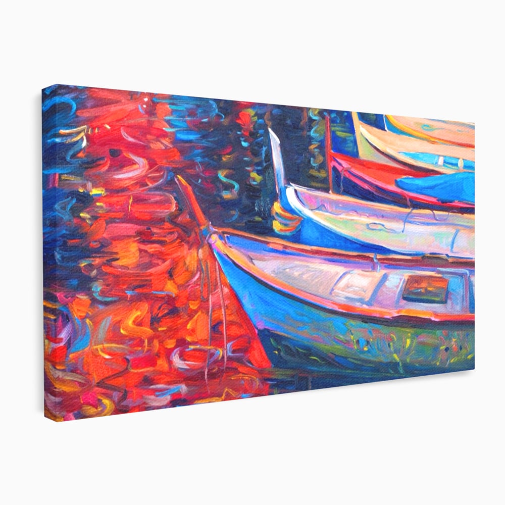 Tablou canvas cu pictura cu barci in port la apus, fara rama, pe sasiu de lemn